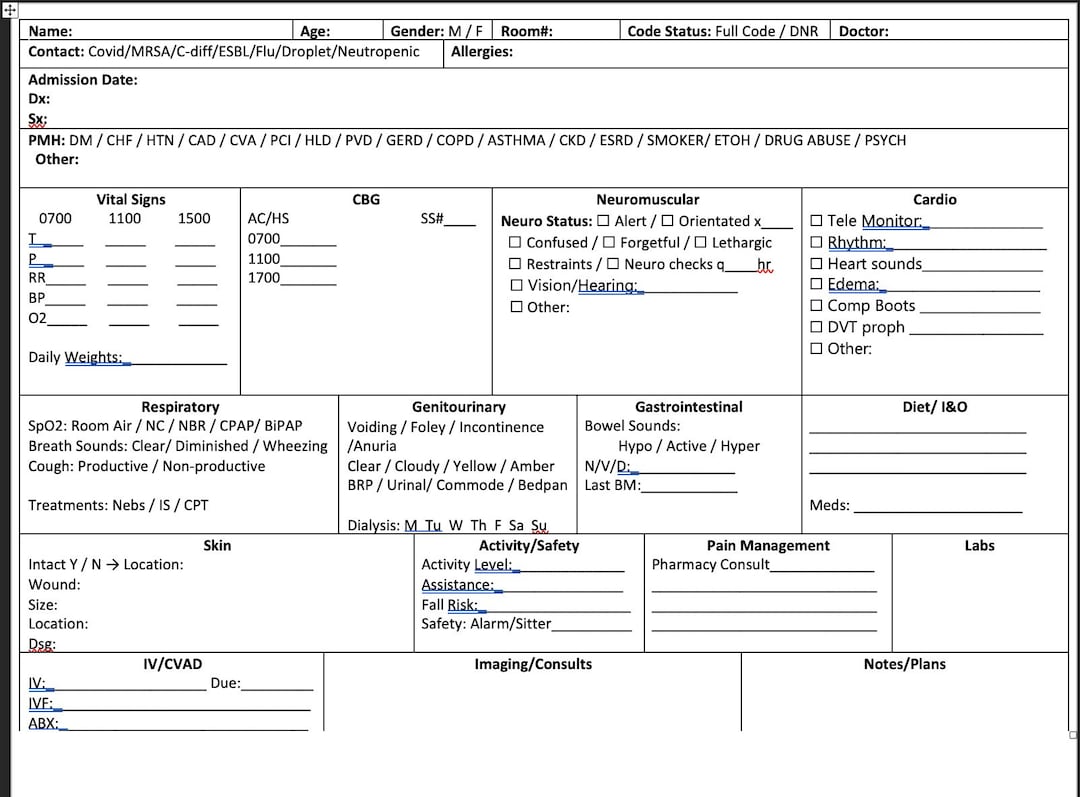 Med surg Report Sheet easy to Use Etsy