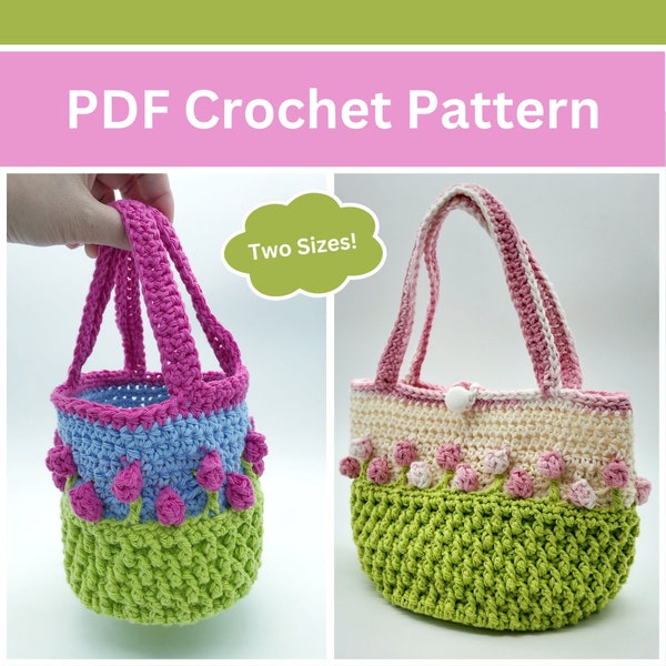 Crocheted Flower bag pattern, Crochet Tulip bag pattern, Crochet bag for kids pattern, spring decor pattern, Crochet spring handbag pattern