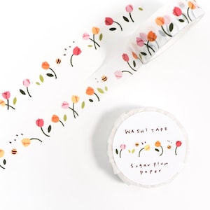 Tulip Garden Bees Floral Washi Tape | Cute Botanical Flower Stationery, Kawaii Cottagecore Aesthetic, Scrapbooking and Journaling Supplies
