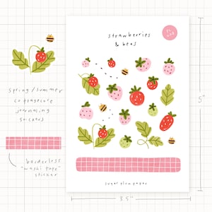 Strawberries & Bees Sticker Sheet // Cute Cottagecore Fruit Stickers, Spring, Summercore Bullet Journal, Planner Scrapbook Stickers