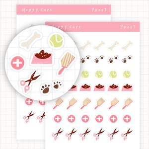 Dog Pet Care Icons Sticker Sheet // Cute Functional Doggy Care Stickers, Planner Labels,  Dog Food Kibble Bone, Paws Icons, Bullet Journal