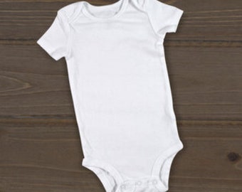 May include: A plain white baby onesie with short sleeves. The onesie has a snap closure at the bottom.