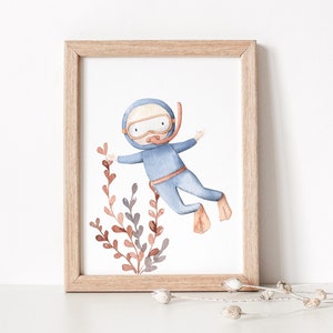 Ocean Watercolor Diver - Dekoracja pokoju dziecięcego - Wydruk na ścianę - CYFROWE POBIERANIE PLIKU
