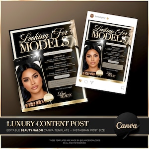 May include: Two black and gold Instagram posts advertising a beauty salon's model search. The posts feature a woman's portrait, the text "Looking for Models," and available appointment times. The bottom banner reads "Luxury Content Post."