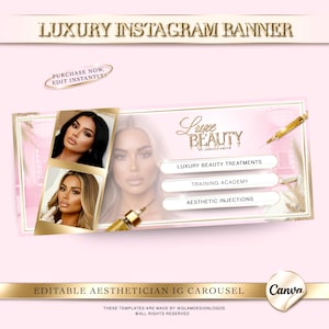 May include: A pink Instagram banner with the text "Luxury Instagram Banner." The banner features images of women and the text "Luxe Beauty by Jessica Smith." It also includes options for luxury beauty treatments, training academy, and aesthetic injections.