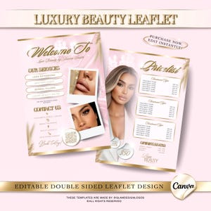 May include: A double-sided pink and gold leaflet design for a luxury beauty salon. The leaflet includes the text "Luxury Beauty Leaflet", "Welcome To", "Our Services", "Pricelist", and "Contact Us". The design features images of beauty treatments and a woman.