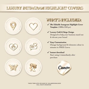 Pode incluir: Capas de destaque do Instagram bege e douradas com v&aacute;rios &iacute;cones, incluindo um alfinete de localiza&ccedil;&atilde;o, cora&ccedil;&atilde;o, pegada, bal&atilde;o de fala, borboleta e perfil feminino. O texto diz "Luxury Instagram Highlight Covers" e "Canva".