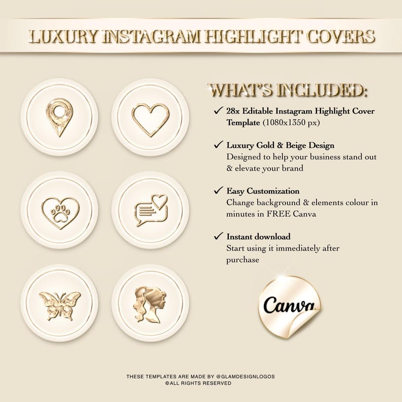 Pode incluir: Capas de destaque do Instagram bege e douradas com v&aacute;rios &iacute;cones, incluindo um alfinete de localiza&ccedil;&atilde;o, cora&ccedil;&atilde;o, pegada, bal&atilde;o de fala, borboleta e perfil feminino. O texto diz "Luxury Instagram Highlight Covers" e "Canva".