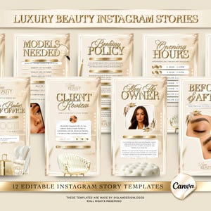 May include: A collection of 12 editable Instagram story templates with a luxury beauty theme. The templates feature gold text and accents on a cream background, with sections for booking policies, opening hours, and client reviews. The Canva logo is visible.