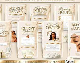 Luxury Gold & Beige Beauty Instagram Story Templates, Editable Salon Flyer Canva Template, Instagram Highlights, Lash Tech and Aesthetician