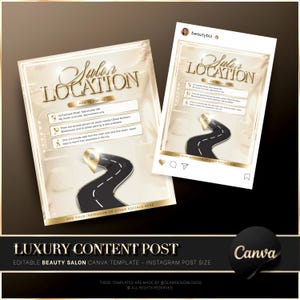 May include: Two Instagram post templates in gold and cream. The text reads "Salon Location" and includes address and directions. The bottom banner says "Luxury Content Post" and "Editable Beauty Salon Canva Template - Instagram Post Size."