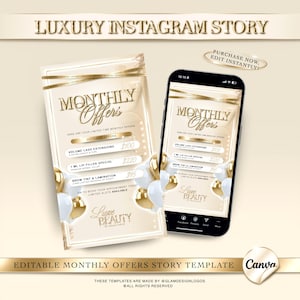Puede incluir: Plantilla digital para historias de Instagram, en tonos dorados y crema. El diseño incluye el texto "OFERTAS MENSUALES" y detalles sobre extensiones de pestañas, relleno de labios y tinte de cejas. Diseñado para Luxe Beauty.