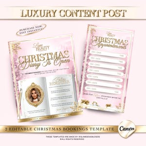 Może przedstawiać: Różowe i złote szablony rezerwacji świątecznych z tekstem "Christmas Diary Is Open" i "Christmas Appointments". Szablony zawierają miejsce na daty i godziny oraz przypomnienie o zasadach. Projekt zawiera kwiatowe i śnieżynkowe akcenty.