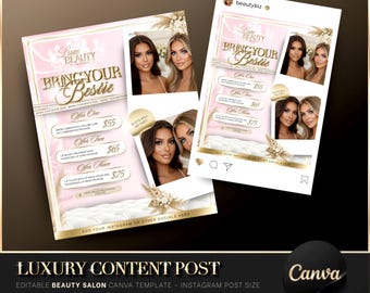 Luxury Gold & Pink Bring a Bestie Deal Canva Template, Beauty Salon Flyer, Instagram Post, Special Offer, Beauty Template, Lash Tech Flyer