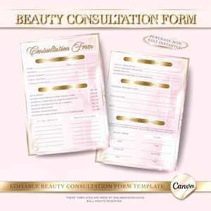Könnte beinhalten: Zwei rosa-goldene Schönheitsberatungsformulare mit Textfeldern für persönliche Informationen, Gesundheitsverlauf und Servicedetails. Die Formulare enthalten den Text "Beauty Consultation Form" und "Purchase Now, Edit Instantly!"