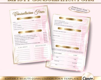 Luxus Gold & Pink Beauty-Beratungsformular, Canva-Vorlage, bearbeitbare Wimpern-technische und ästhetische Einverständniserklärung, Kundenaufnahme im Schönheitssalon