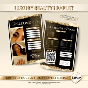 May include: Double-sided leaflet design with a black and gold theme. The leaflet promotes beauty services, featuring images of lash extensions, manicured nails, and a woman. Text includes "Luxury Beauty Leaflet" and "Treatment Prices."