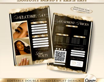 May include: Double-sided leaflet design with a black and gold theme. The leaflet promotes beauty services, featuring images of lash extensions, manicured nails, and a woman. Text includes "Luxury Beauty Leaflet" and "Treatment Prices."