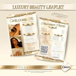 Op de afbeelding: Dubbelzijdig flyerontwerp in goud en crème. De flyer promoot schoonheidsbehandelingen, waaronder wimperbehandelingen, esthetische injecties en nagelservices. Tekst bevat "Luxury Beauty Leaflet" en "Welcome To".