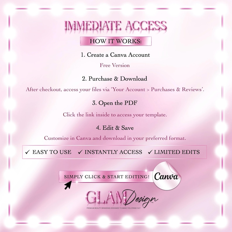 Pode incluir: Gr&aacute;fico rosa com texto: "IMMEDIATE ACCESS" e instru&ccedil;&otilde;es para usar modelos Canva. Inclui etapas para criar uma conta, comprar, baixar, abrir o PDF e editar. Apresenta o logotipo Canva e a marca "GLAMDesign".