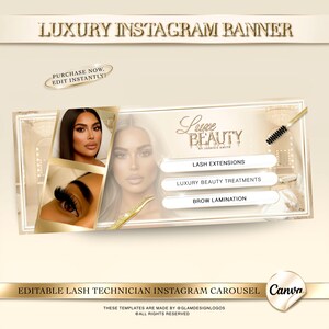 May include: A beige Instagram banner promoting beauty services. The banner features the text "LUXURY INSTAGRAM BANNER" and "Luxe Beauty by Jerrica Smith." It advertises lash extensions, luxury beauty treatments, and brow lamination, with images of women and beauty tools.