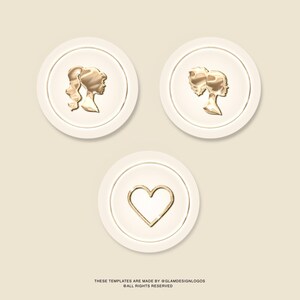 Pode incluir: Tr&ecirc;s elementos de design circulares com detalhes dourados. Dois c&iacute;rculos apresentam o perfil dourado da silhueta de uma mulher, um com rabo de cavalo e outro com coque. O terceiro c&iacute;rculo tem formato de cora&ccedil;&atilde;o dourado. O fundo &eacute; bege claro.