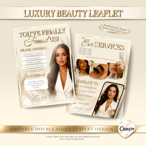 Luxury Gold & Beige Beauty Leaflet Canva Template, Editable Double-Sided Flyer, Salon Price List, Lash Tech and Aesthetic Promotional Flyer