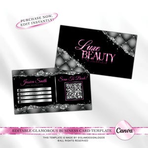 Pode incluir: Um modelo de cartão de visita preto e prata com texto rosa. O texto no cartão diz "Luxe Beauty by Jessica Smith". O cartão também inclui um código QR com o texto "Scan To Book!" e uma seção para informações de contato.