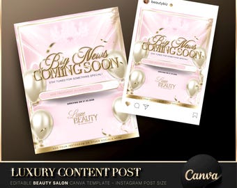 Luxury Gold & Pink Announcement Canva Template, Beauty Salon Flyer, Instagram Post, Launch Post, Coming Soon Flyer, New Treatment Flyer
