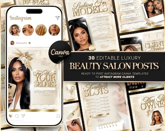 Luxury Gold & Beige Beauty Salon Posts, Canva Template, Beauty Social Media Kit, 30 Beauty Salon Flyer, Instagram Bundle, Beauty Branding