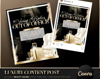 Luxury Gold & Black Out of Office Instagram Post, Canva Template, Vacation, Holiday, Summer Beauty Salon Flyer, Editable Beauty Post