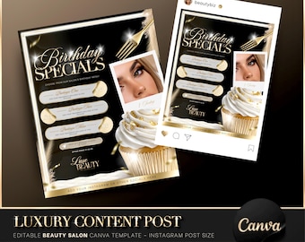 Luxury Gold & Black Salon Anniversary Flyer, Canva Template, Beauty Salon Flyer, Birthday Flyer, Instagram Post, Salon Celebration Offers