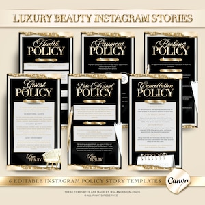Könnte beinhalten: Sechs schwarze und goldene Instagram Story-Vorlagen mit Richtlinieninformationen. Die Vorlagen umfassen "Health Policy", "Payment Policy", "Booking Policy", "Guest Policy", "Late Arrival Policy" und "Cancellation Policy". Der Text "Luxury Beauty Instagram Stories" steht oben.