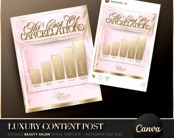 Luxury Gold & Pink Cost of Cancellations Post, Canva Template, Beauty Salon Flyer, Monthly Budget, Policy Template, Editable Instagram Post