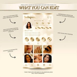 May include: A digital template for Instagram, featuring a gold and cream color scheme. The design includes a profile layout with a user photo, bio section, and icons. Text on the template reads "WHAT YOU CAN EDIT" and "BEAUTY BIZ".
