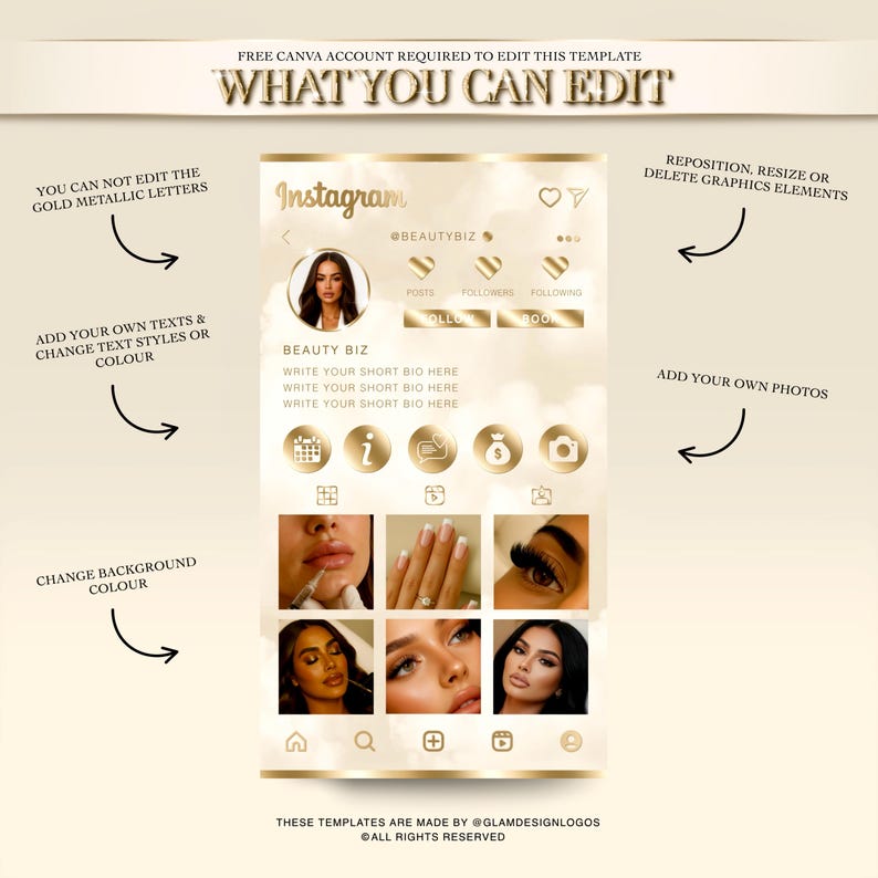 May include: A digital template for Instagram, featuring a gold and cream color scheme. The design includes a profile layout with a user photo, bio section, and icons. Text on the template reads "WHAT YOU CAN EDIT" and "BEAUTY BIZ".