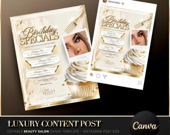 Luxury Gold & Beige Salon Anniversary Flyer, Canva Template, Beauty Salon Flyer, Birthday Flyer, Instagram Post, Salon Celebration Offers