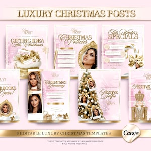Puede incluir: Una colección de ocho plantillas navideñas de lujo editables con un esquema de color rosa y dorado. Las plantillas incluyen texto como "Gifting Idea This Christmas" y "Christmas Giveaway". El logotipo de Canva es visible.