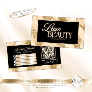 Luxusmarmor Visitenkartenvorlage, Gold & Schwarz QR-Code Visitenkarte, bearbeitbare zweiseitige Schönheitssalon-Karte, Nagel, Wimpern, Haare, Make-up