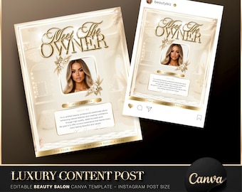 Luxury Gold & Beige Meet the Owner Instagram Post, Canva Template, Beauty Salon Flyer, Editable Beauty Social Media, Lash Tech Template