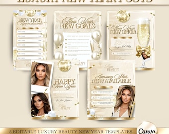 Luxury Gold & Beige New Year Posts, Canva Template, Editable Holiday Flyer, Beauty Template, Beauty Salon Instagram Posts, Instagram Flyer