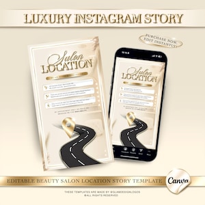 May include: A digital template for a beauty salon's Instagram story, in cream and gold tones. The design includes a road graphic with a location pin, and text indicating the salon's location and appointment details.