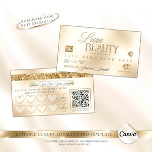 Modelo de cartão de fidelidade de luxo, cartão de recompensas de ouro editável, cartão bancário para salão de beleza, cartão de desconto Canva para cabelo, cílios, unhas, maquiador