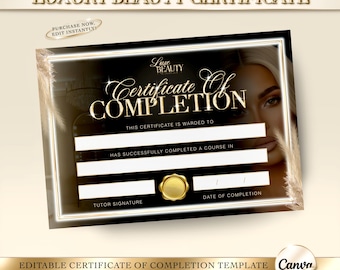 Luxury Gold & Black Beauty Certificate Canva Template, Editable Certificate Of Completion, Training Course Certificate, Beauty Academy Flyer