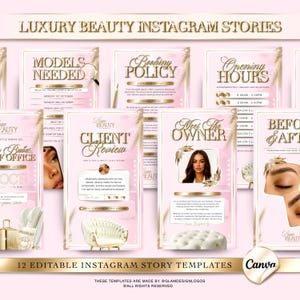 May include: A set of 12 editable Instagram story templates with a luxury beauty theme. The templates use a pink and gold colour scheme and include text such as "Models Needed", "Booking Policy", and "Opening Hours". The Canva logo is visible.