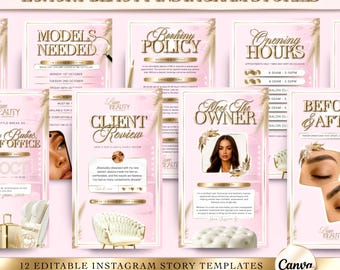 Pode incluir: Um conjunto de 12 modelos de histórias editáveis ​​do Instagram com um tema de beleza de luxo. Os modelos apresentam um esquema de cores rosa e dourado com texto como "Modelos necessários", "Política de reservas" e "Horário de funcionamento". O logotipo do Canva é visível.