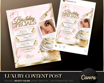 Luxury Gold & Pink Salon Anniversary Flyer, Canva Template, Beauty Salon Flyer, Birthday Flyer, Instagram Post, Salon Celebration Offers