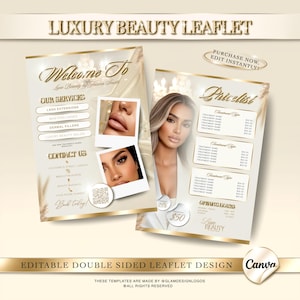 May include: Double-sided beauty leaflet design with gold accents. The leaflet includes the text "Luxury Beauty Leaflet", "Welcome To", "Our Services", and "Pricelist". The design features images of a woman and close-ups of lips and eyes.