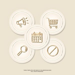 Pode incluir: Uma cole&ccedil;&atilde;o de cinco &iacute;cones circulares creme com ilustra&ccedil;&otilde;es douradas. Os &iacute;cones apresentam um megafone, um carrinho de compras, um calend&aacute;rio, uma lupa e um sinal de proibido. O texto na parte inferior diz: THESE TEMPLATES ARE MADE BY @GLAMDESIGNLOGOS &copy; ALL RIGHTS RESERVED.