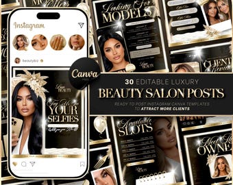 Luxury Gold & Black Beauty Salon Posts, Canva Template, Beauty Social Media Kit, 30 Beauty Salon Flyer, Instagram Bundle, Beauty Branding